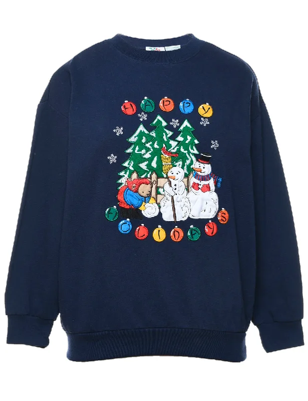 Snowman Design Navy Happy Holidays Christmas Sweatshirt - M