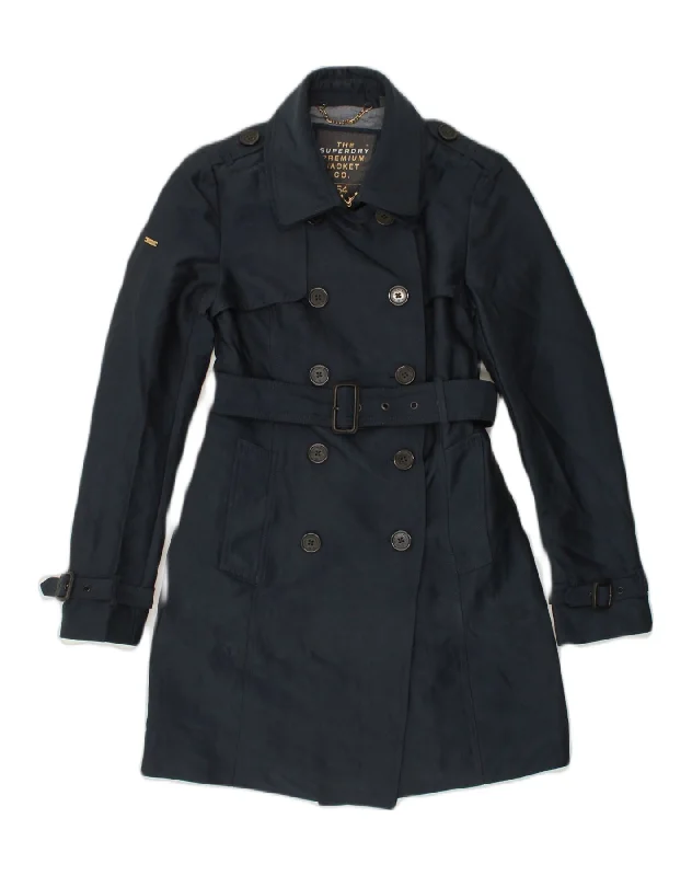 SUPERDRY Womens Trench Coat UK 2 2XS Navy Blue Cotton