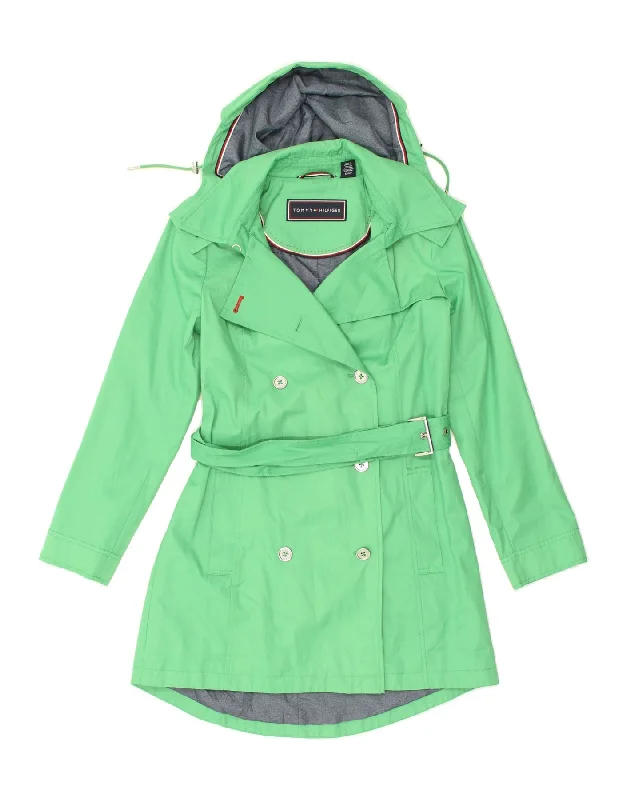 TOMMY HILFIGER Womens Hooded Trench Coat UK 10 Small Green Cotton