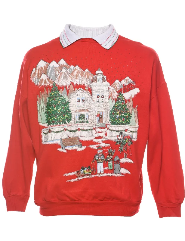 Winter Scene Design Christmas Sweatshirt - L