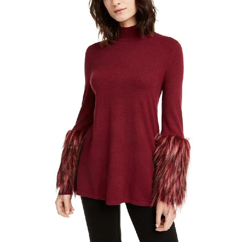 Alfani Women's Faux Fur Cuff Mock Neck Sweater Red Size Medium