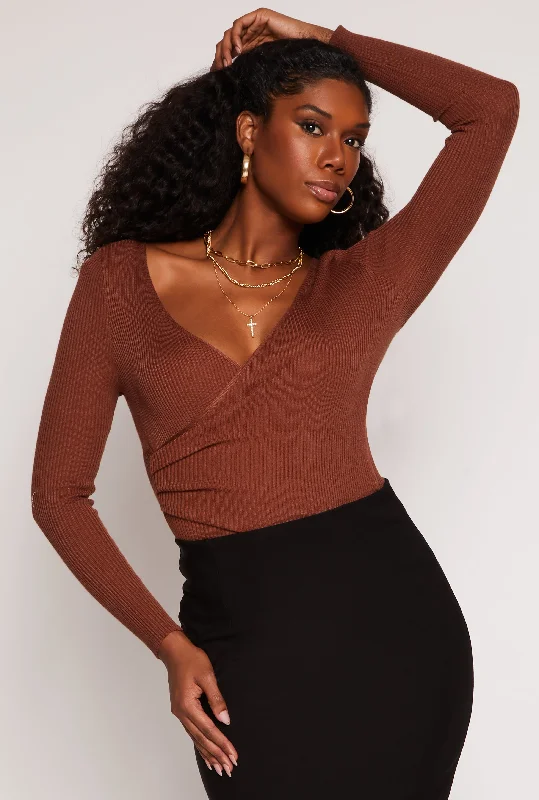 Rib Knit Long Sleeve Surplice Sweater