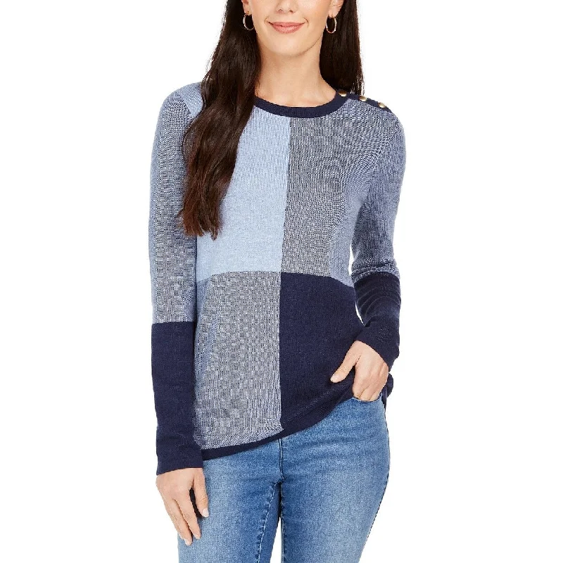 Charter Club Women's Colorblocked Button-Shoulder Sweater Blue Size Extra Large - X-Large