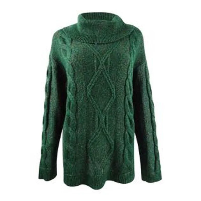 Charter Club Women's Cowl-Neck Cable-Knit Glitter Sweater Dark Green Size Medium