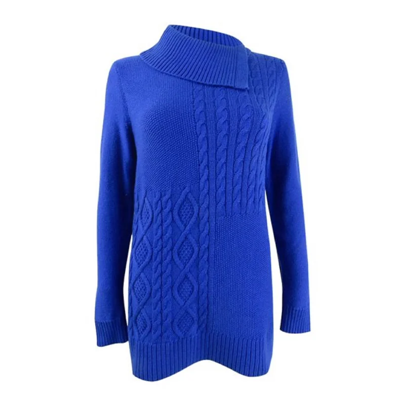 Charter Club Women's Patchwork-Stitch Asymmetrical-Collar Sweater Blue Size Large