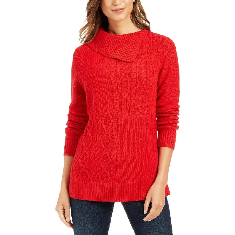 Charter Club Women's Patchwork-Stitch Asymmetrical-Collar Sweater Red Size X-Large