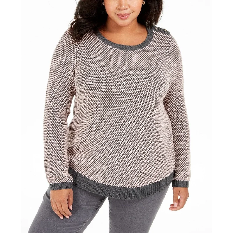 Charter Club Women's Plus Size Button-Trim Contrast-Accent Sweater Deep Black Cmb Size 2X