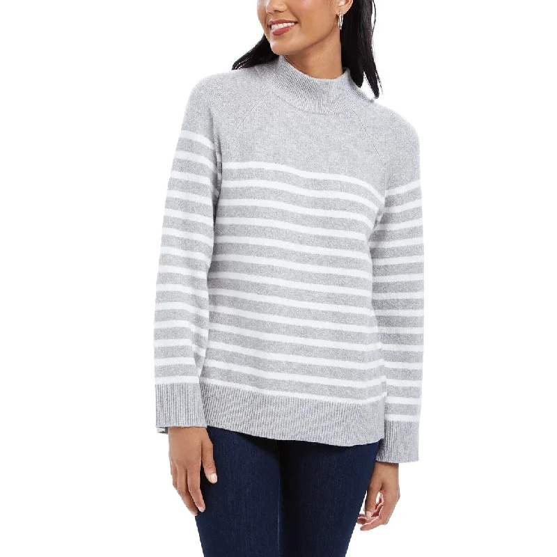 Charter Club Women's Striped Mockneck Sweater Gray Size Large