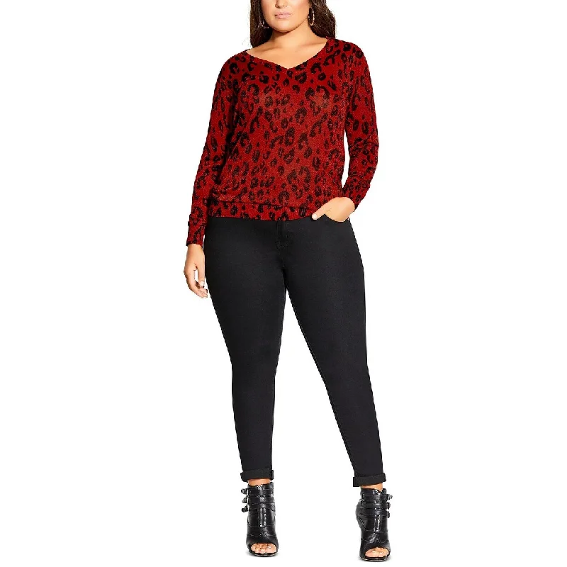 City Chic Women's Plus Size Trendy Leopard-Print Sweater Bright Red Size Extra Small