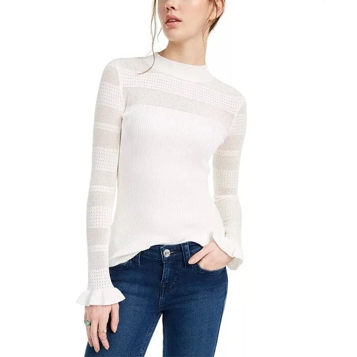 Crave Fame Juniors' Pointelle-Trim Sweater White Size Medium