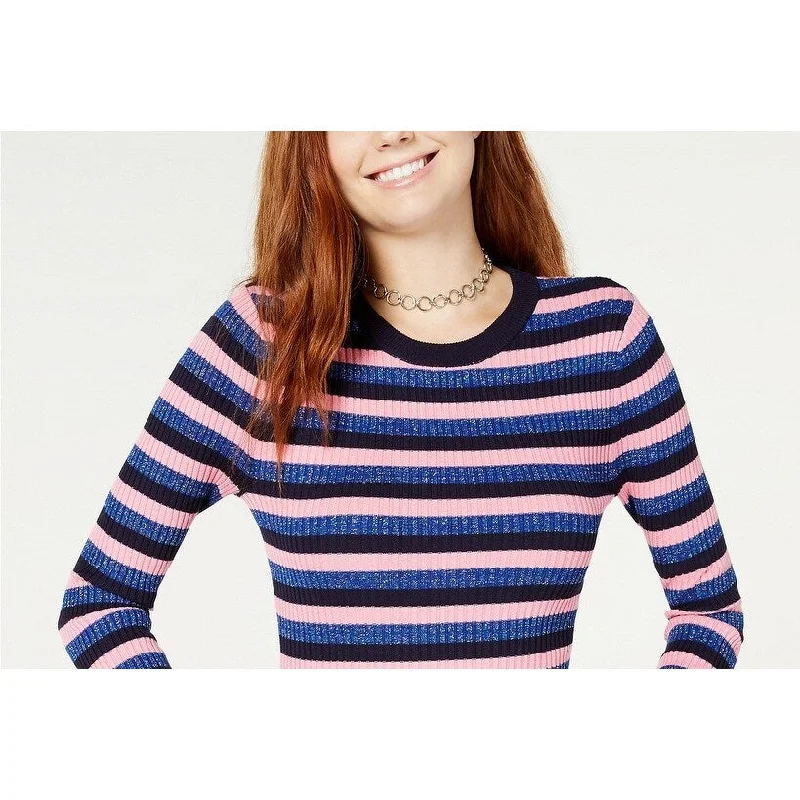 Hooked Up By Women's Iot Juniors' Shine Striped Rib-Knit Sweater Pink Size Large