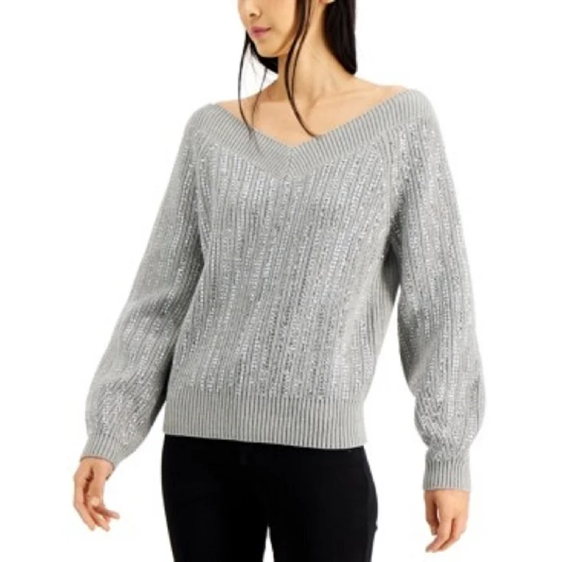 INC International Concepts Women's Embellished Sweater Charcoal Size L - Large