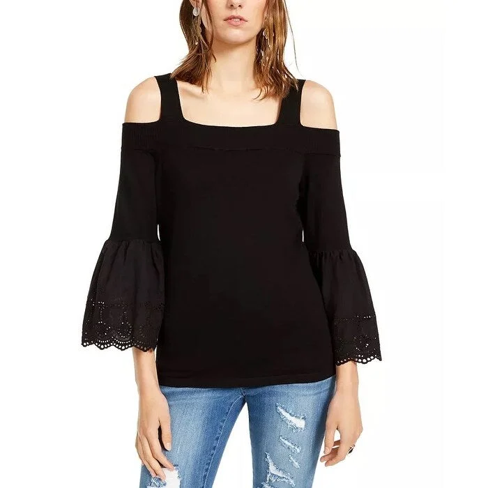 INC International Concepts Women's Eyelet-Sleeve Cold-Shoulder Sweater Black Size Medium