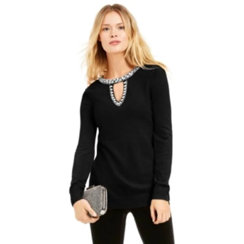 INC International Concepts Women's Petite Embellished Keyhole Sweater Black Size Petite