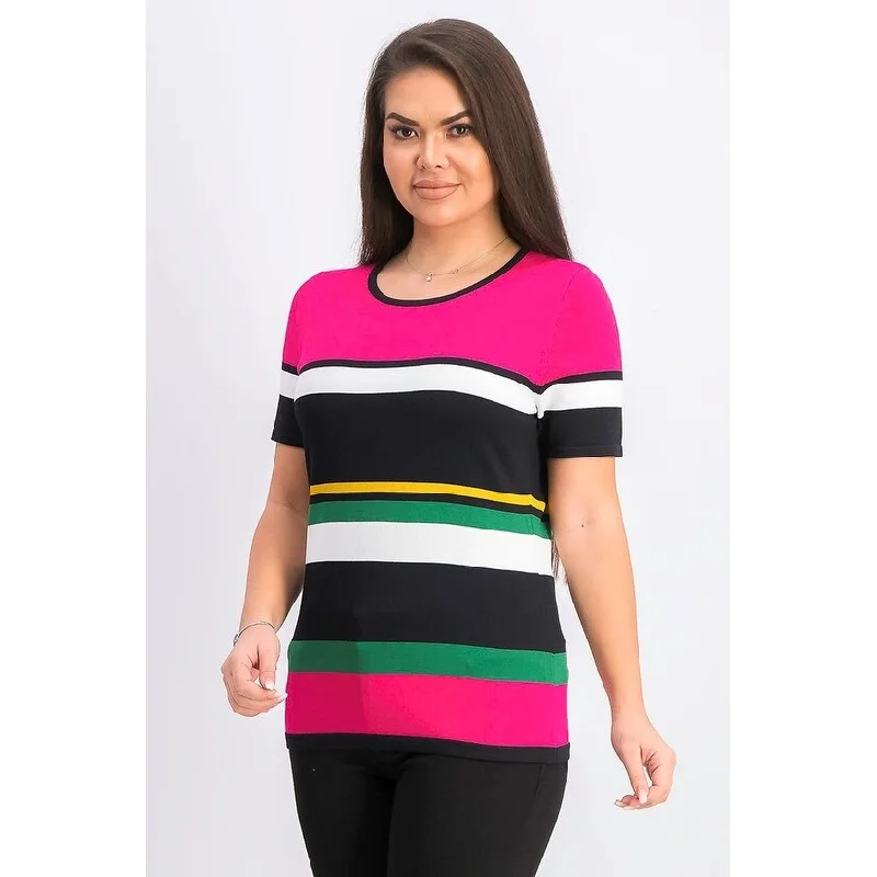 INC International Concepts Women's Striped Short-Sleeve Sweater Fiesta Fuchsia Size Large