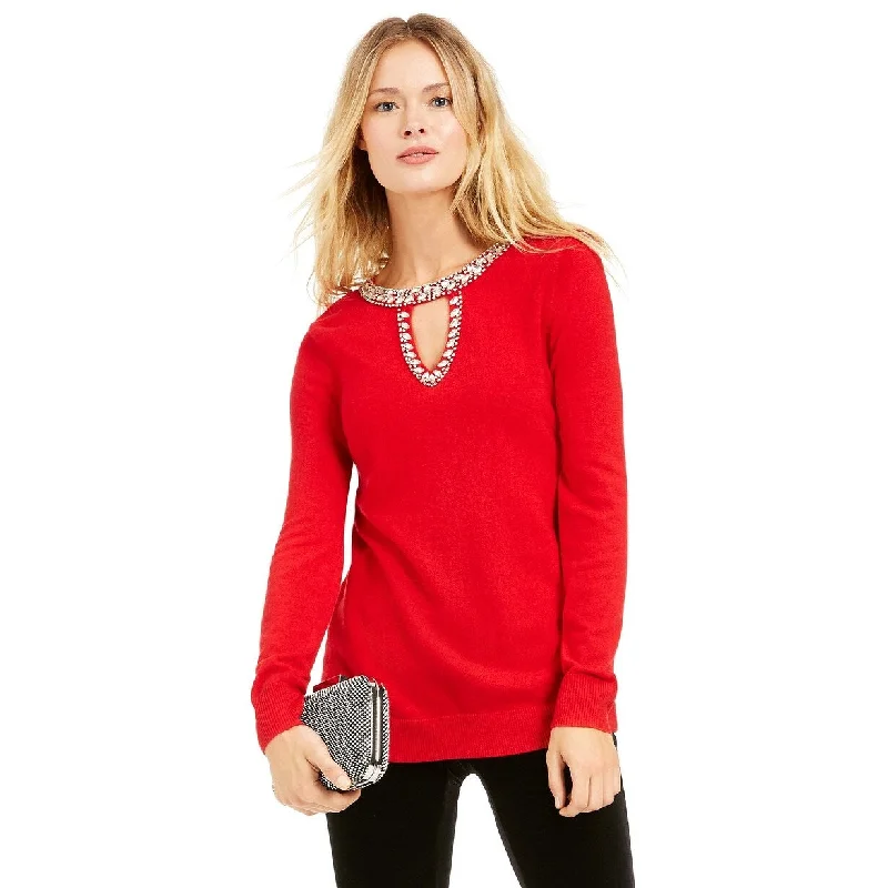 INC Women's Embellished Keyhole Sweater Red Size Small