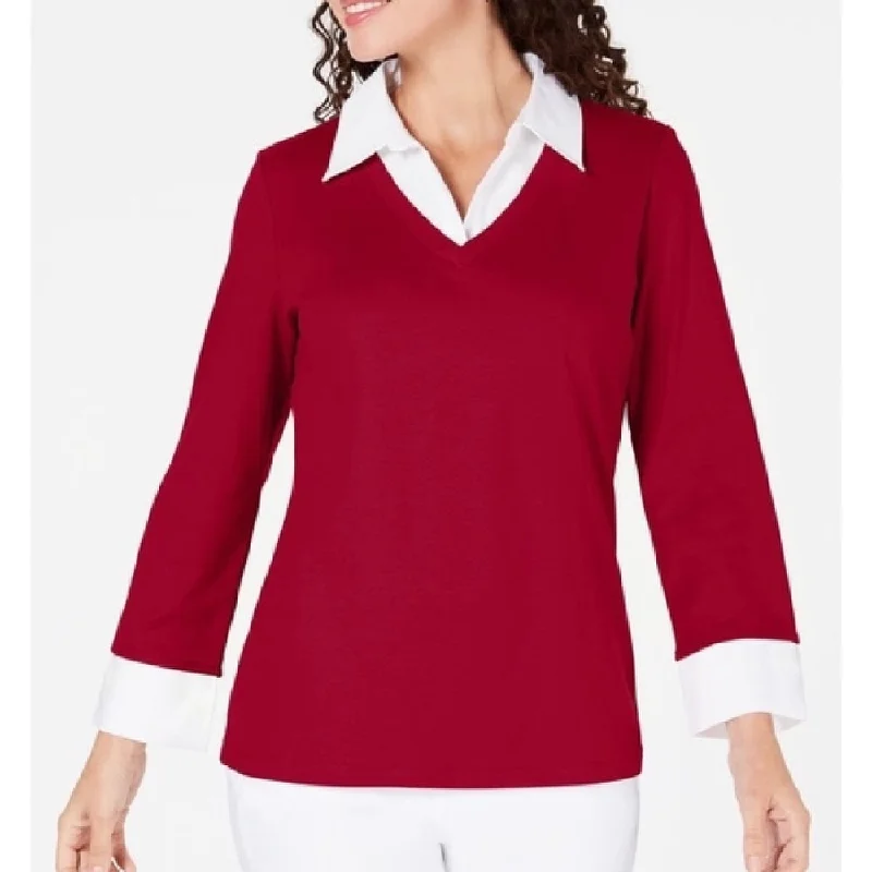 Karen Scott Women's Cotton Layered-Look Sweater Red Size Extra Small