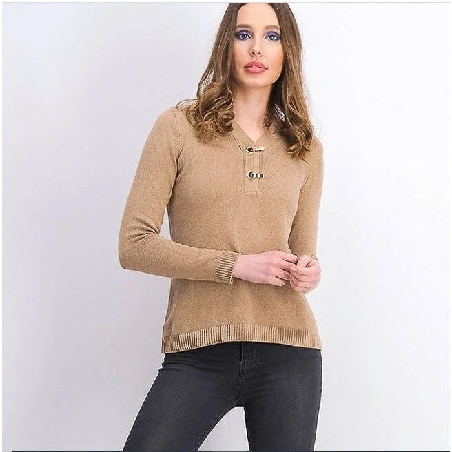 Karen Scott Women's Cotton Toggle Henley Sweater Brown Size Petite Medium - Petite Medium