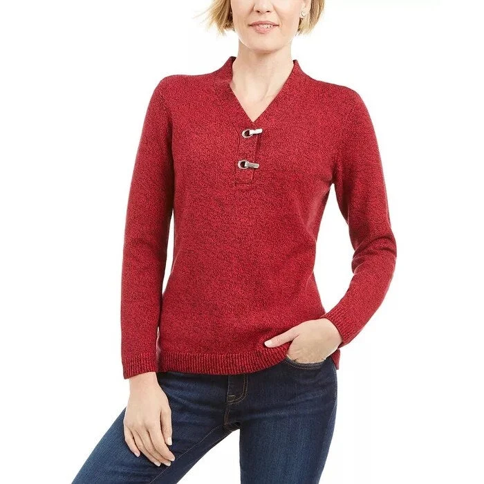 Karen Scott Women's Hardware Trim Cotton Henley Sweater Red Size Petite Medium - Petite Medium