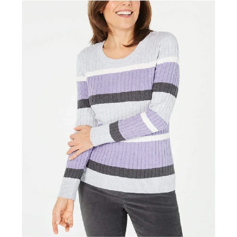 Karen Scott Women's Petite Cotton Striped Cable-Knit Sweater Size L