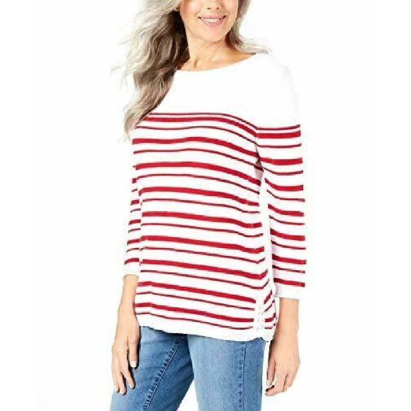 Karen Scott Women's Striped Cotton Lace-Up Sweater Red combo Size Extra Small - White - X-Small