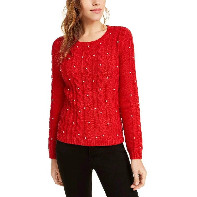 Maison Jules Women's Imitation-Pearl Cable-Knit Sweater Bright Red Size Large