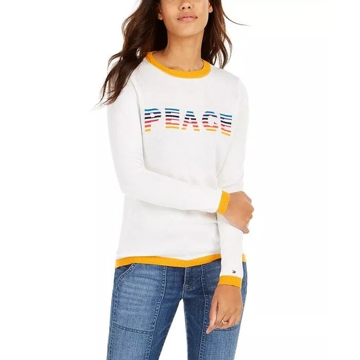 Tommy Hilfiger Women's Rainbow Peace Ringer Sweater White Size Large