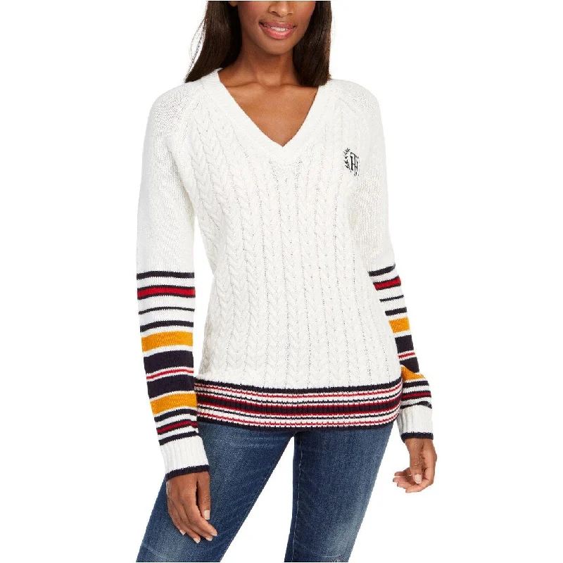 Tommy Hilfiger Women's Varsity Stripe Cable-Knit Sweater White Size Extra Large - XL