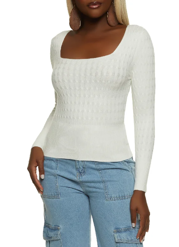 Ribbed Cable Knit Square Neck Sweater