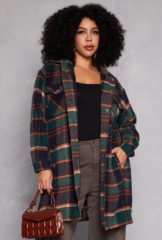 Plus Size Spoon Jeans Plaid Fleece Shacket