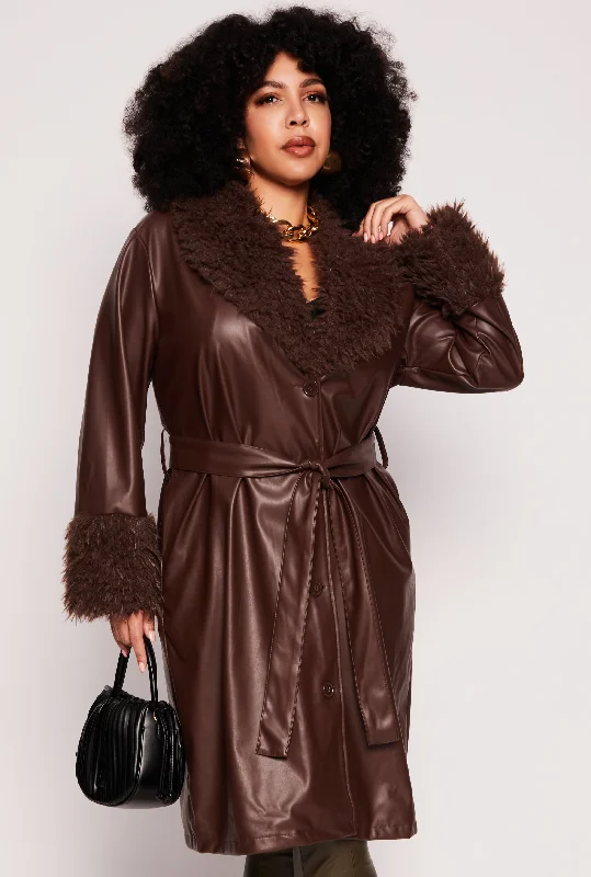 Plus Size Faux Leather Trench Coat