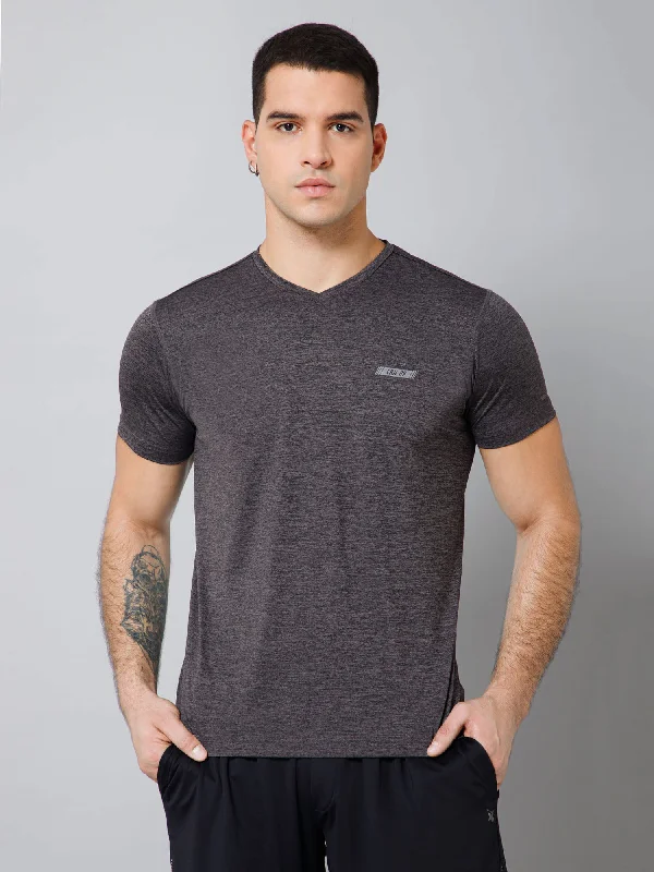 Regular Fit Solid V-Neck Half Sleeve Grey Melange Active Wear T-Shirt for Men