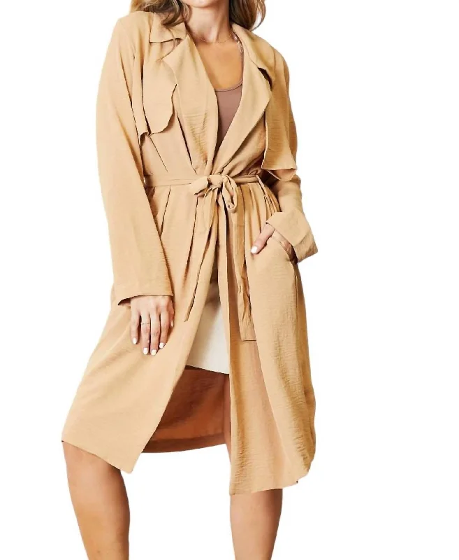 Full Size Tied Trench Coat With Pockets In Khaki