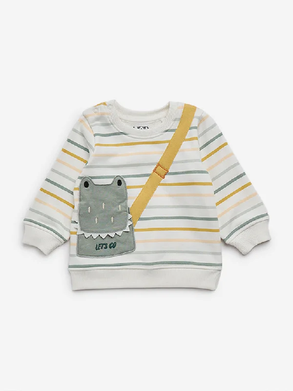 HOP Baby White Striped Cotton Blend Sweatshirt