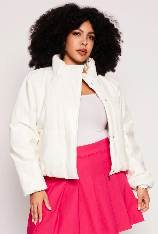 Plus Size Faux Patent Leather Puffer Jacket