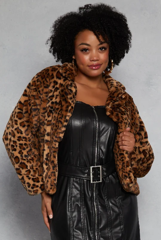 Plus Size Leopard Print Faux Fur Jacket