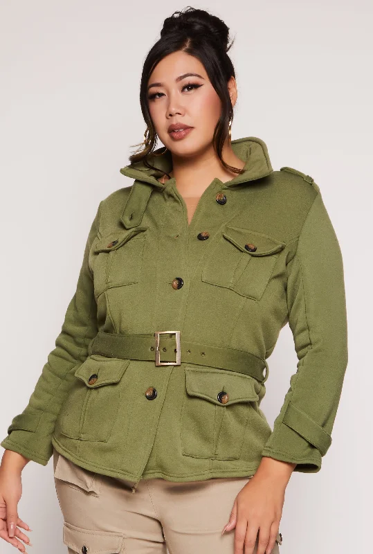 Plus Size Fleece Belted Military Jacket