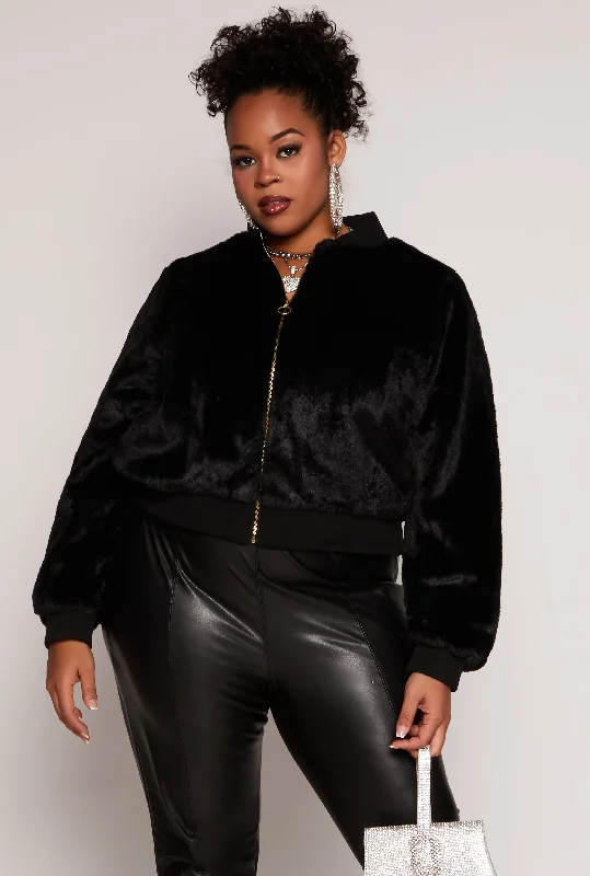 Plus Size Faux Fur Bomber Jacket