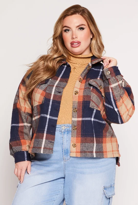 Plus Size Flannel Plaid Button Front Shacket