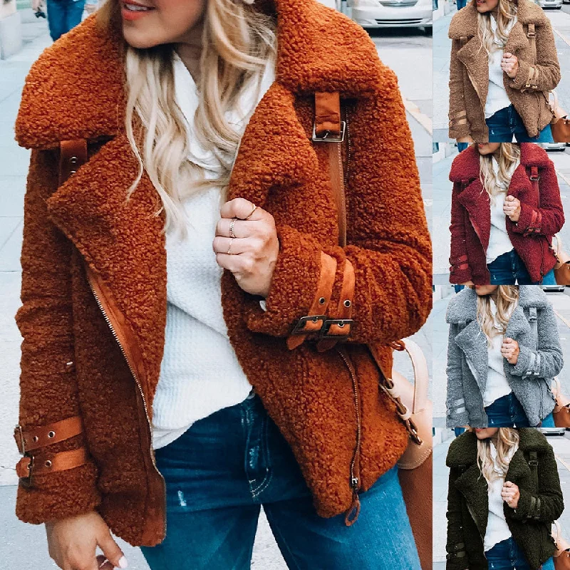 Women Winter Faux Fur Teddy Coat Thick Warm Plus Size Fluffy Pockets Plush Zipper Jacket Ladies Overcoat Outerwear Streetwear