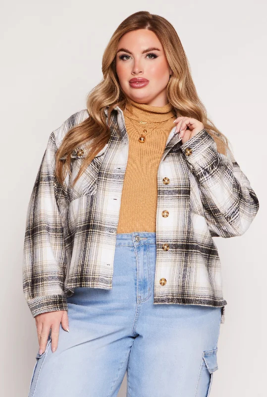 Plus Size Flannel Plaid Button Front Shacket