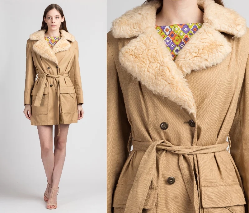 70s Boho Shearling Trim Mini Trench Coat - Medium