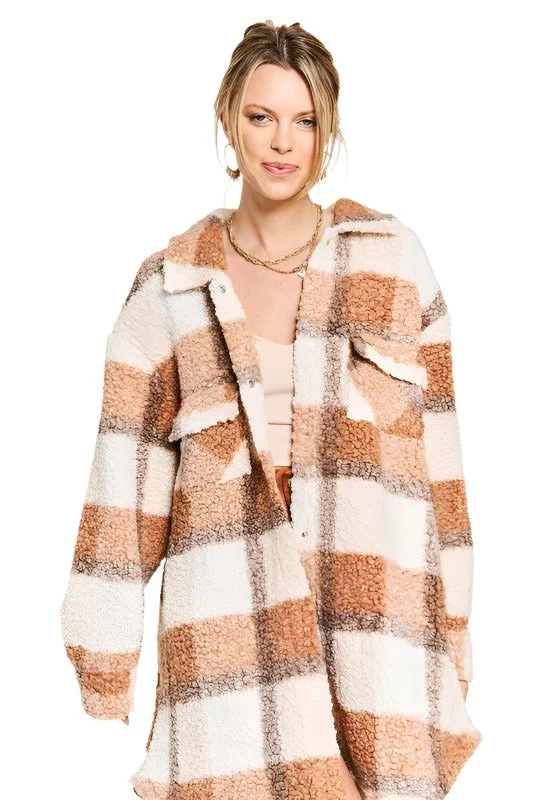 Plus Size Fuzzy Plaid Teddy Jacket