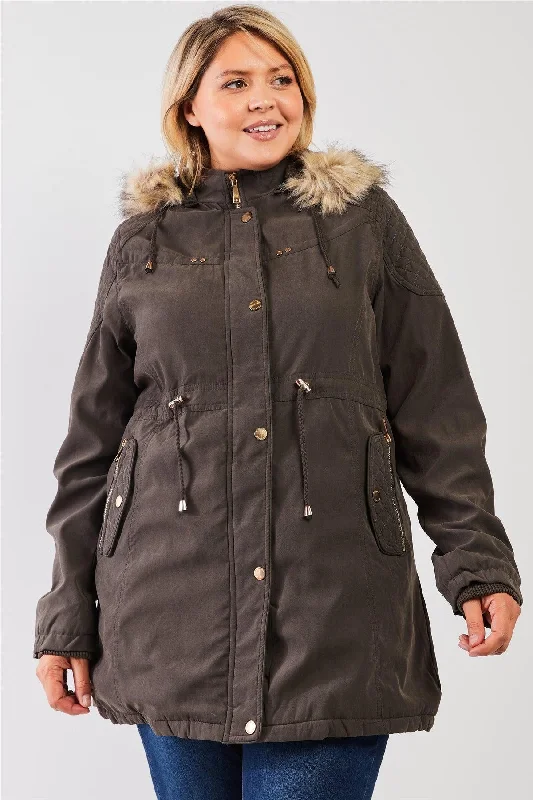 Junior Plus Size Olive Quilted Detail Vegan Fur Cotton Twill Parka Jacket