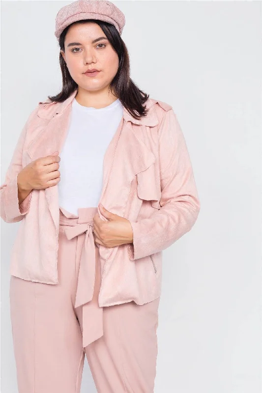 Plus Size Winter Blush Open Lapel Suede Raw Hem Pleated Sleeve Jacket