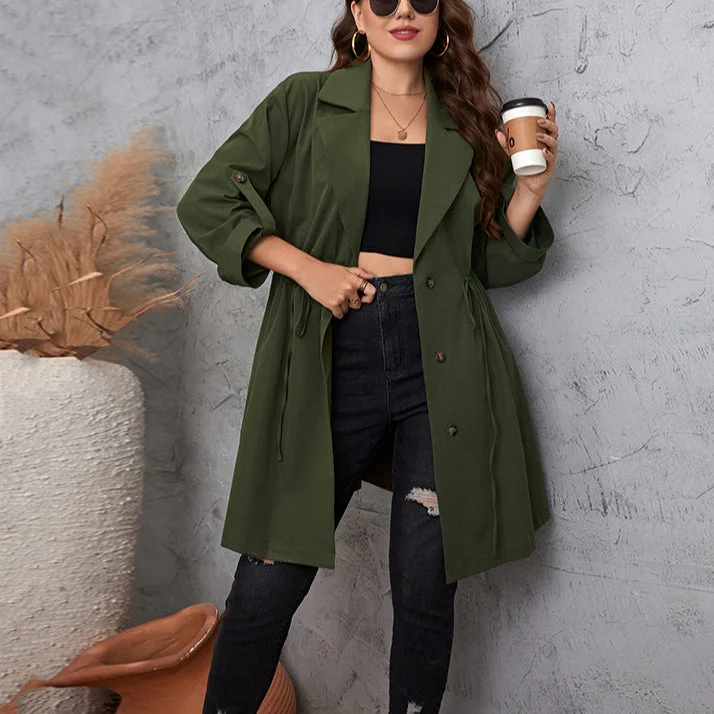 Wholesale Plus Size Women Clothing Simple Wind Suit Collar Mid-Length Solid Color Drawstring Windbreaker Jacket