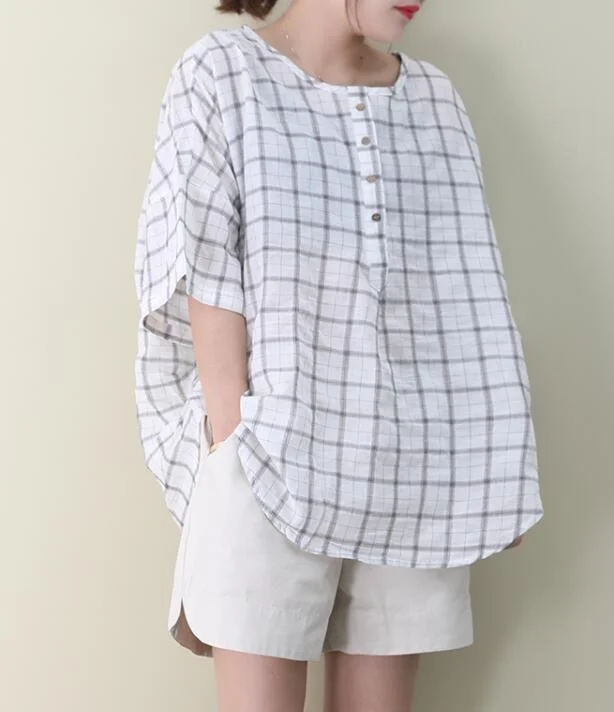 Checked Loose Casual T-Shirts Summer Women Cotton Tops 1311