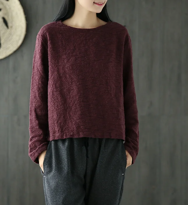 Loose O Neck Long Sleeves Knit T-Shirts Spring Tops H9508