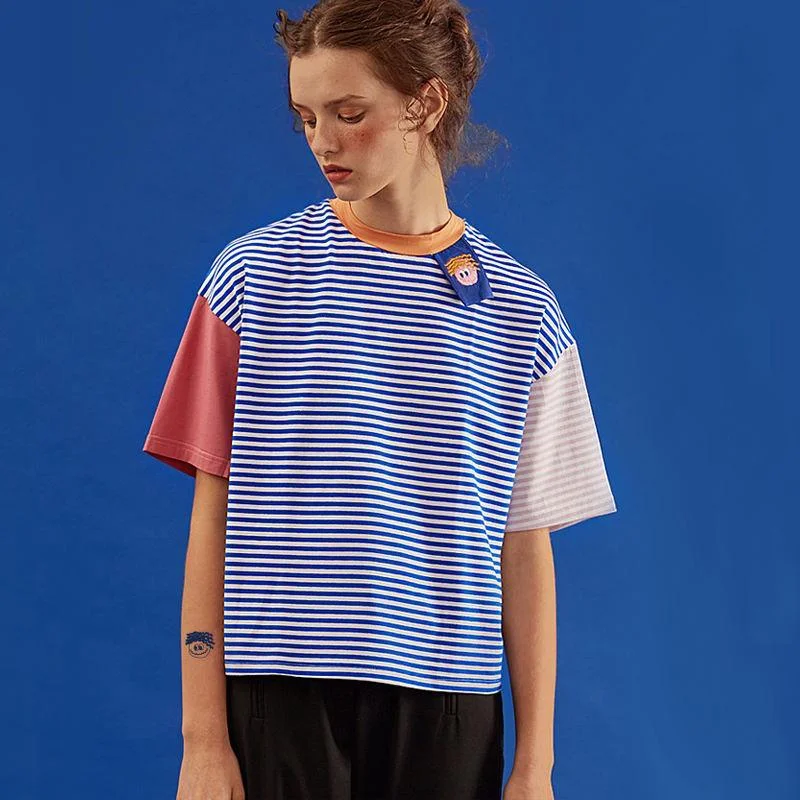 Summer Striped Loose-Fit T-Shirt with Cartoon Patch Detail