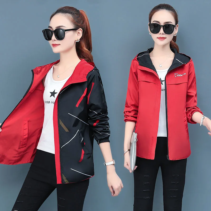 Women Jackets Spring Autumn Hooded Jacket Double Side Wear Coats And Jackets Women Print Plus Size Women Jacket Spring Outwears